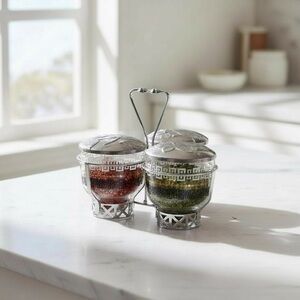 Vintage 60’s Libbey Glass & Metal Condiment Caddy Set